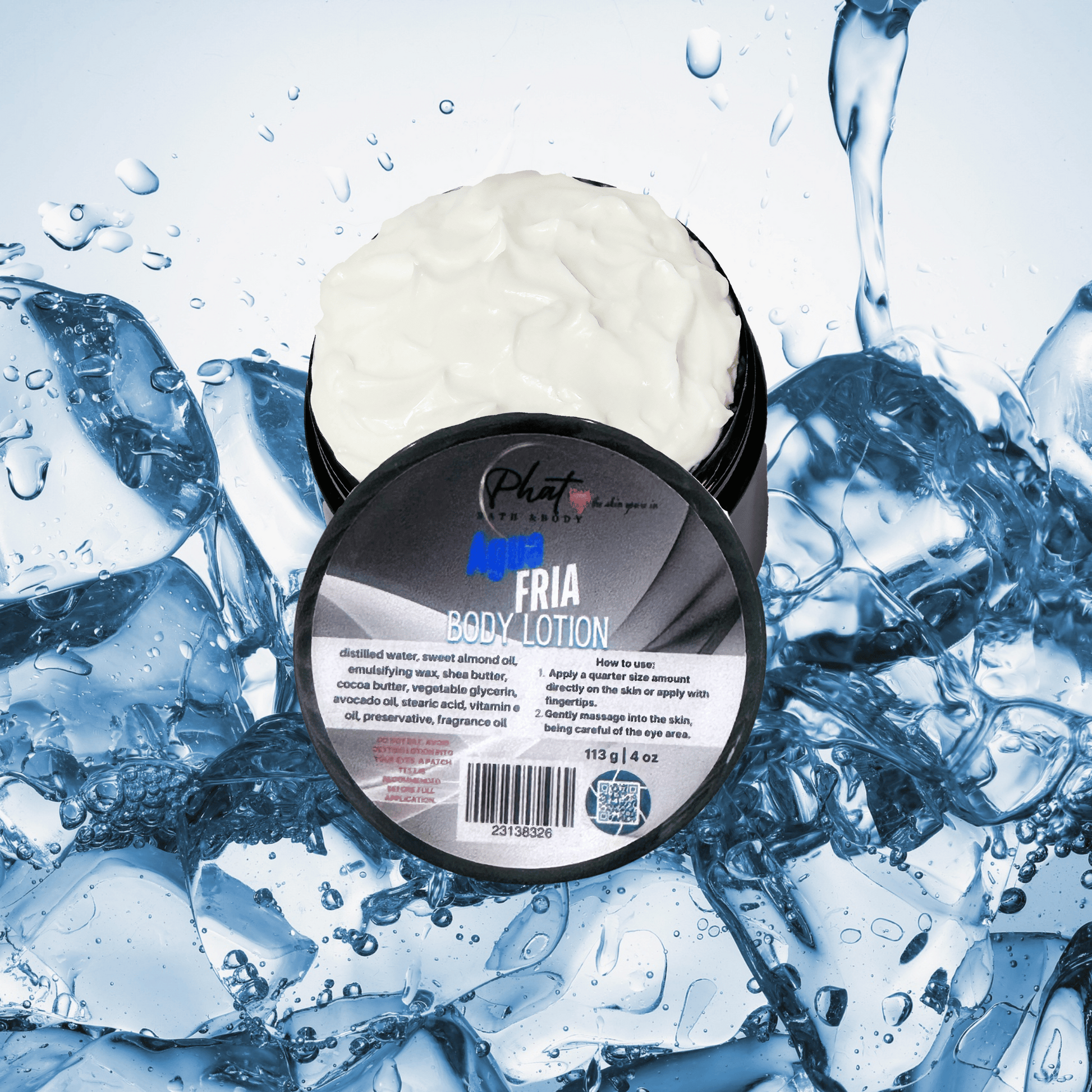 Body lotion container Agua Fria surrounded by ice cubes and water droplets