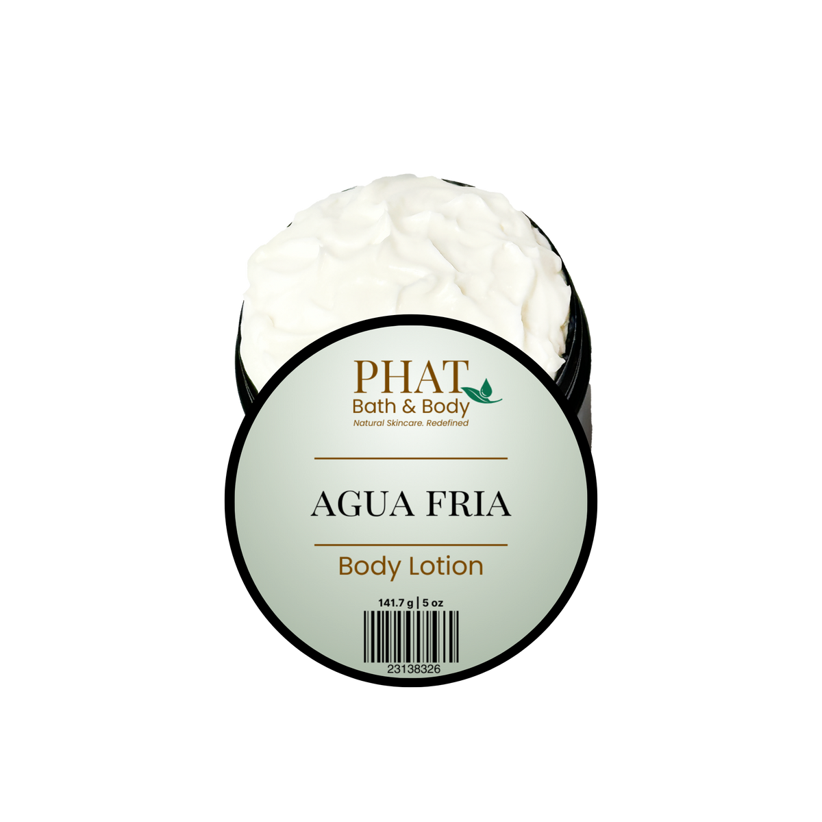 Body lotion container labeled 'Agua Fria' by Phat Bath & Body on a white background