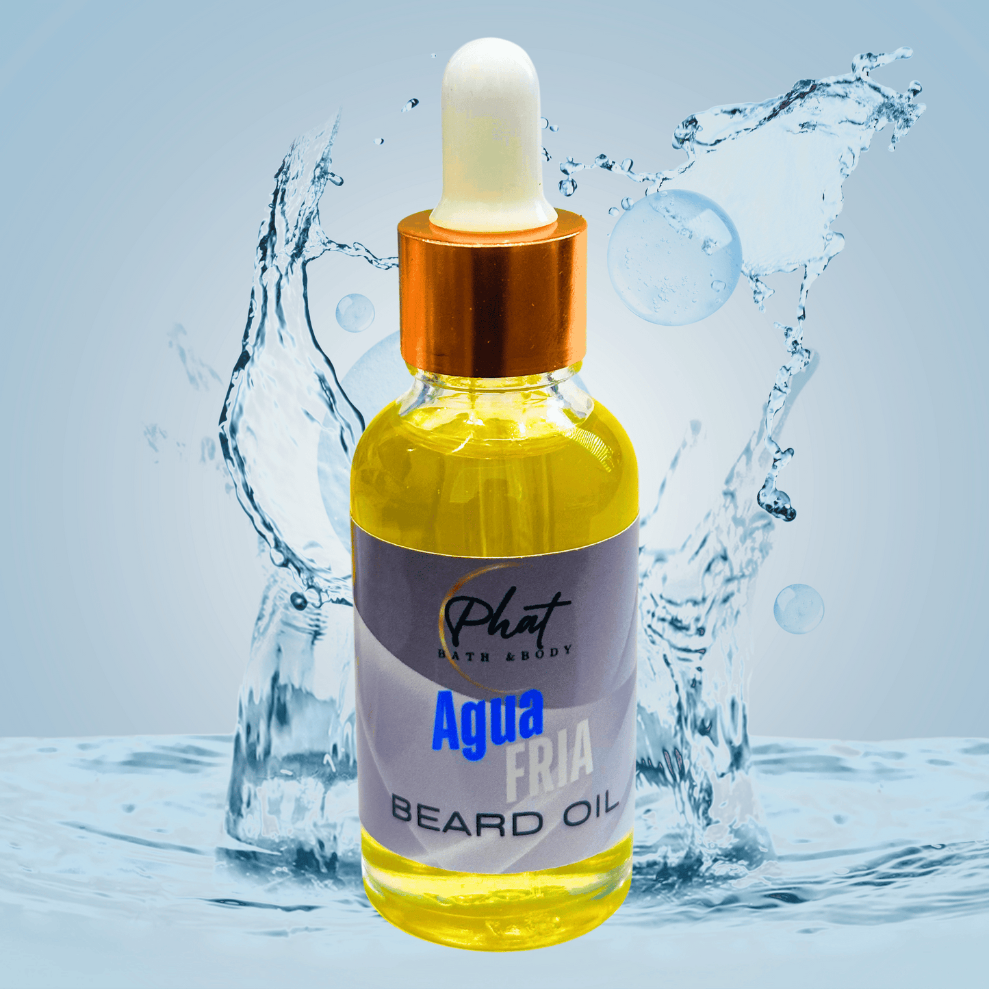 Bottle of Phat Bath & Body Agua Fria beard oil with water splash effect on a light blue background