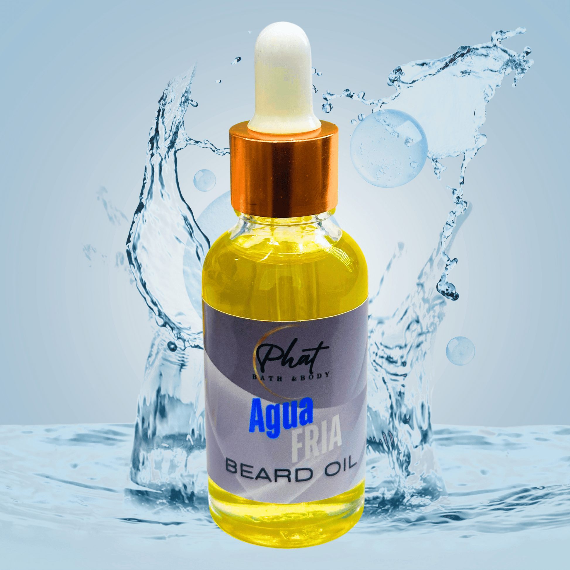 Bottle of Phat Bath & Body Agua Fria beard oil with water splash effect on a light blue background