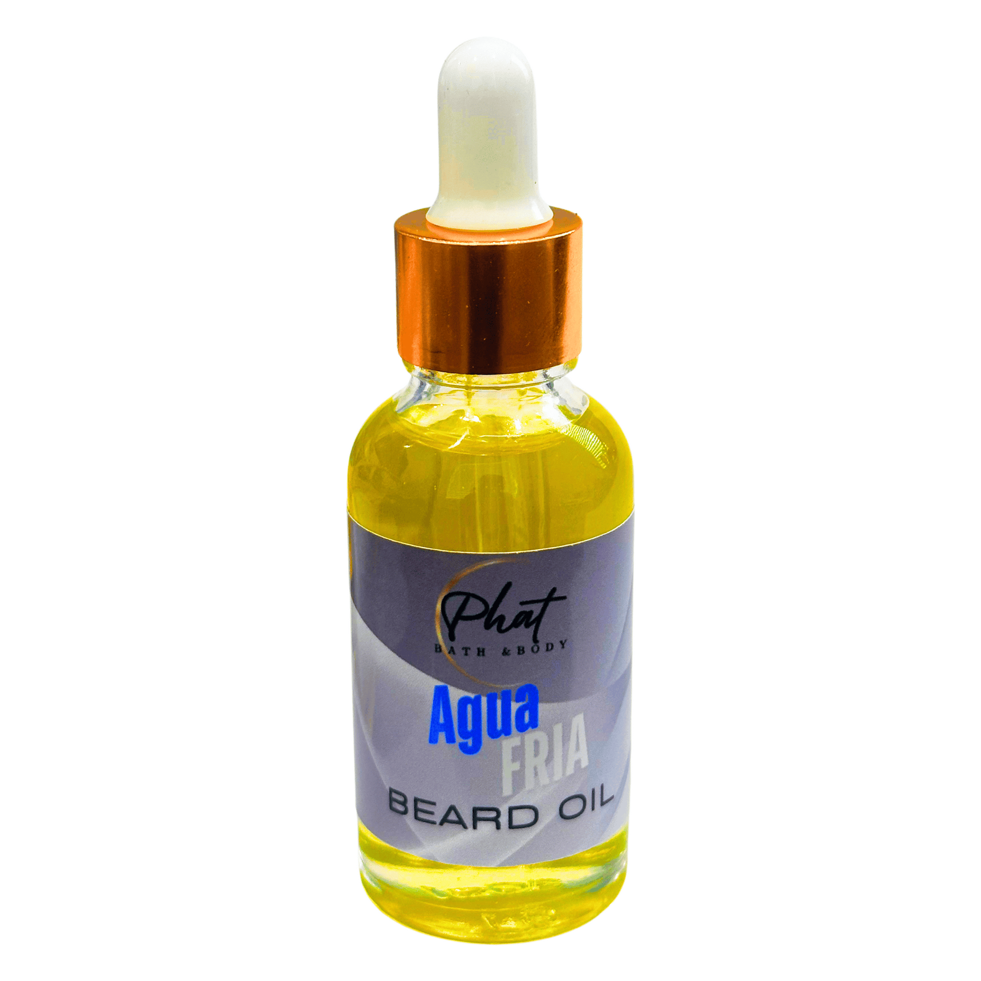 Bottle of Phat Bath & Body Agua Fria beard oil on a white background