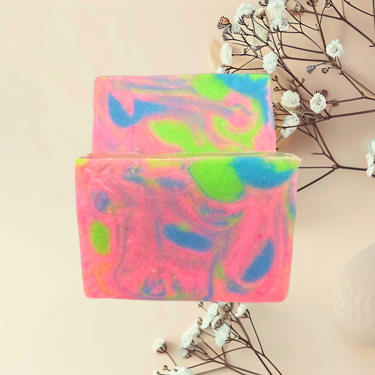 Colorful marbled soap bar with a plain background