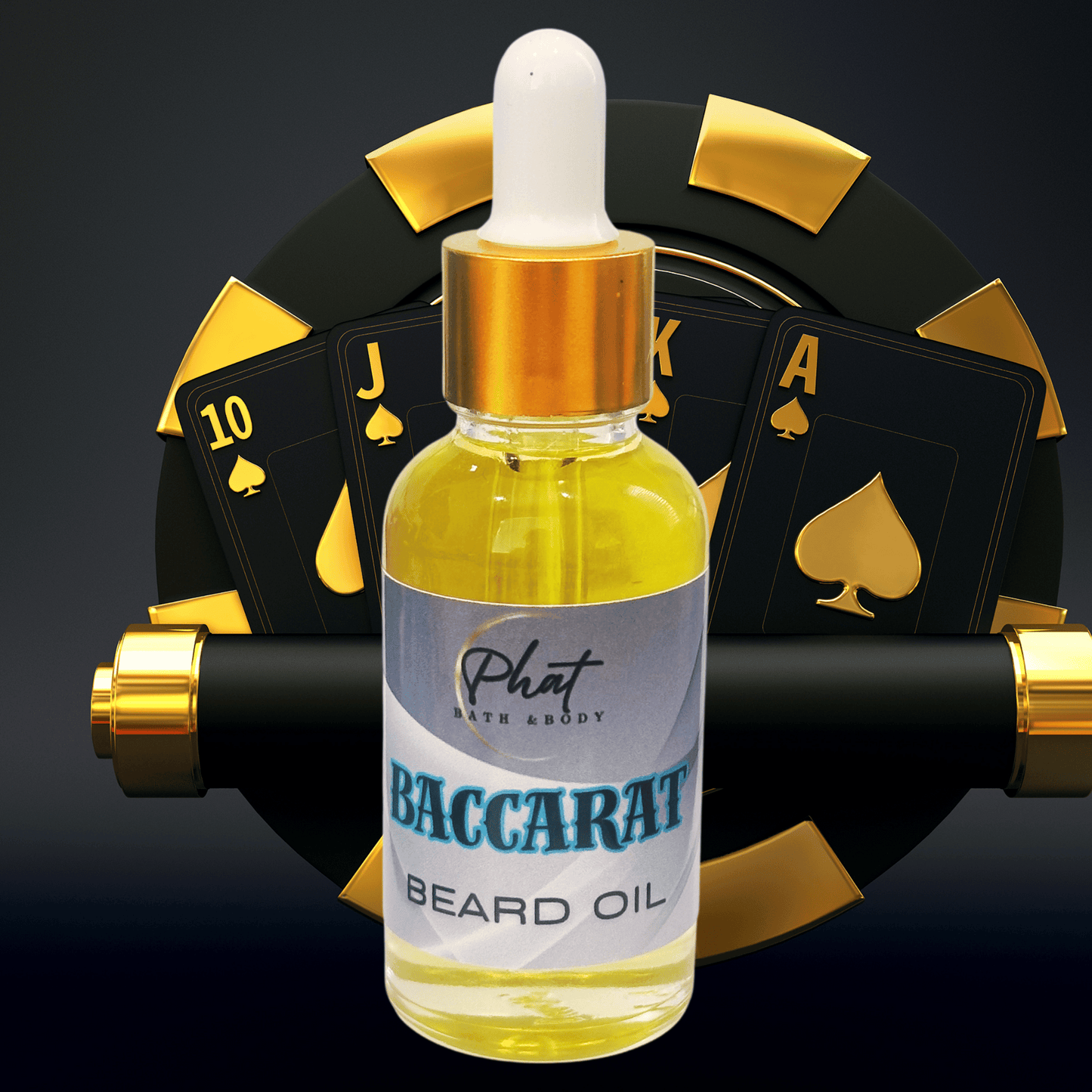 Baccarat beard oil bottle with playing cards and chips in the background