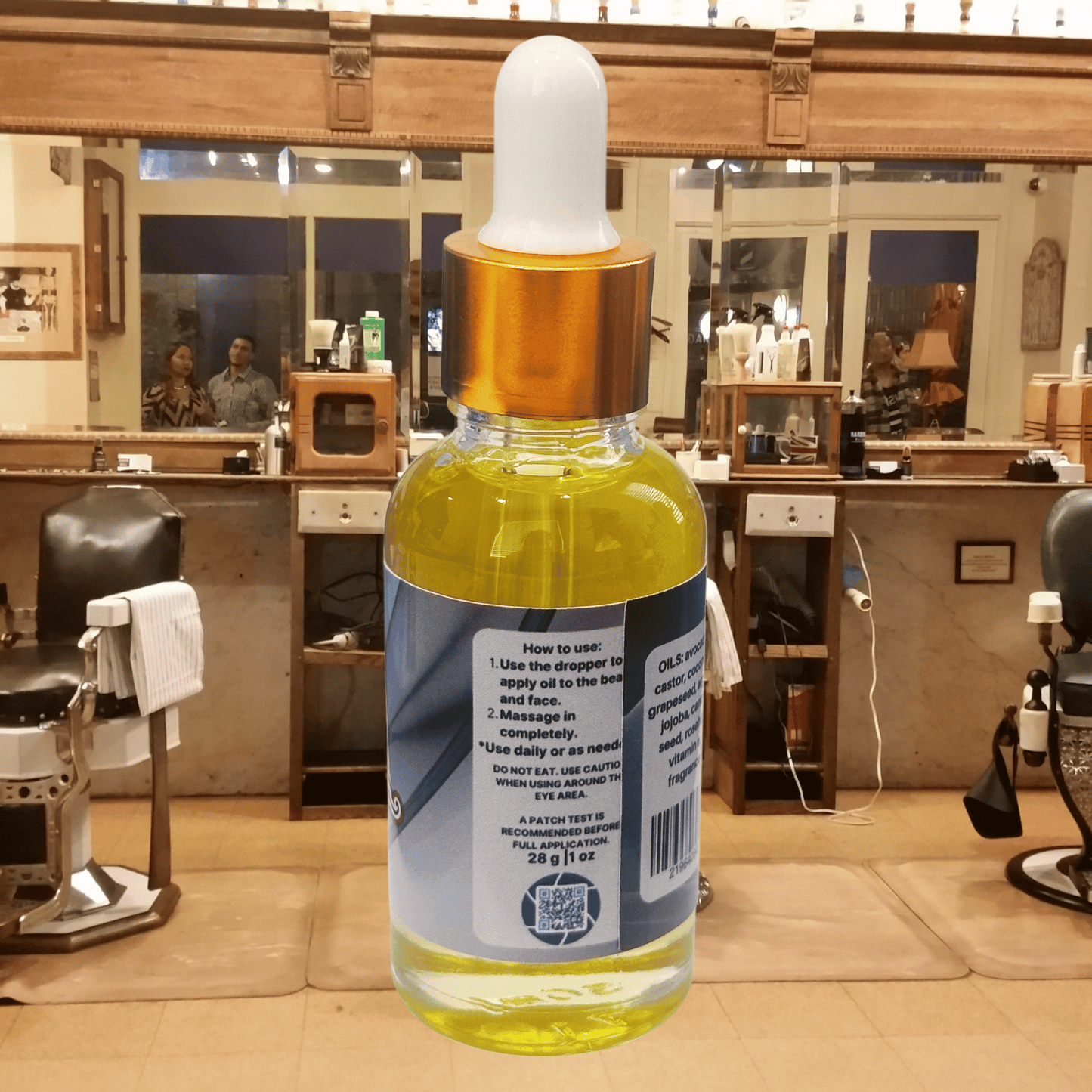 Bottle of oil with a label in a barbershop setting