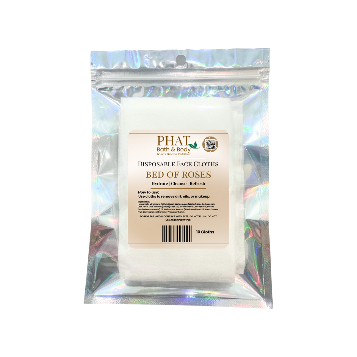 Pack of disposable face cloths with 'Phat Bath & Body' branding on a white background