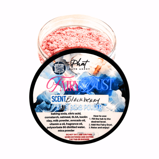 Bath bomb powder with packaging labeled 'Fairy Dust' on a white background