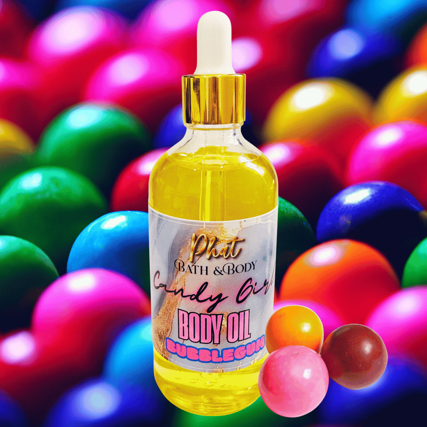 Bottle of body oil with a colorful background of gumballs