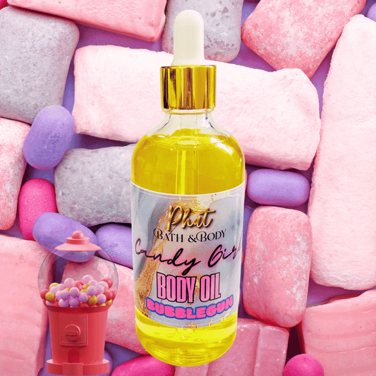 Bottle of candy girl body oil with a dropper on a colorful candy background