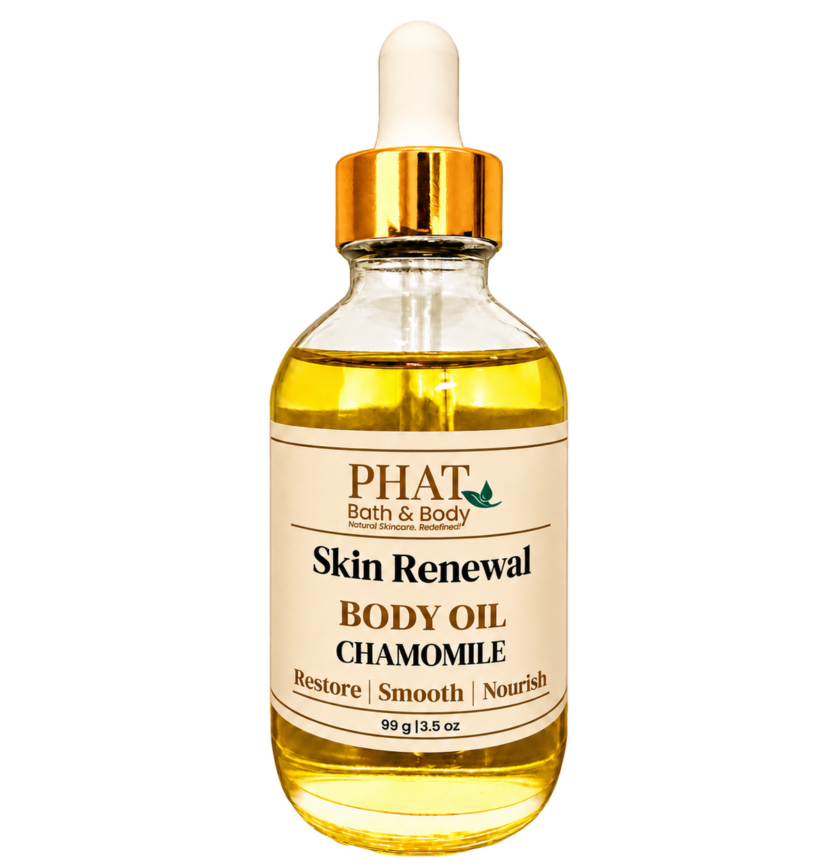 Phat Bath & Body Chamomile Skin Renewal Body Oil, 3.5 oz golden body oil in a clear glass dropper bottle with a gold cap and cream label.
