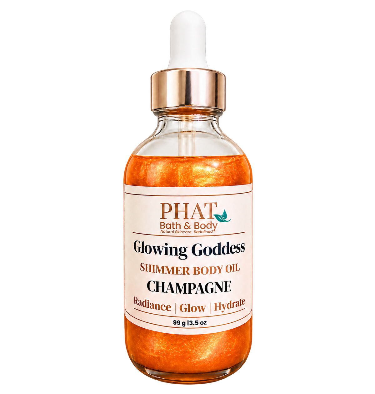 Phat Bath & Body Glowing Goddess Shimmer Body Oil in Champagne, 3.5 oz glass dropper bottle with luminous orange-gold shimmer.