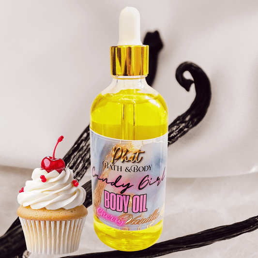 Bottle of body oil labeled 'Candy Girl' next to a cupcake with a cherry on top.