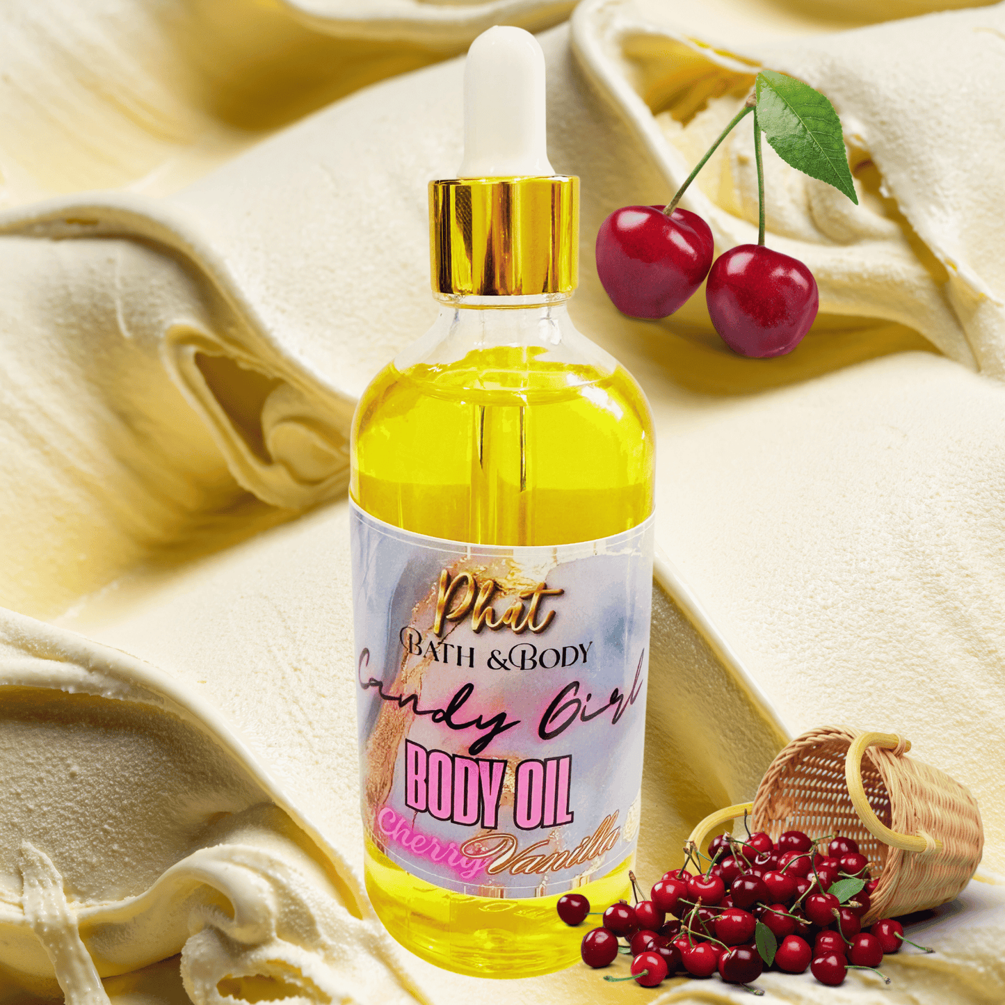 Bottle of body oil with cherry theme on a vanilla frosting background
