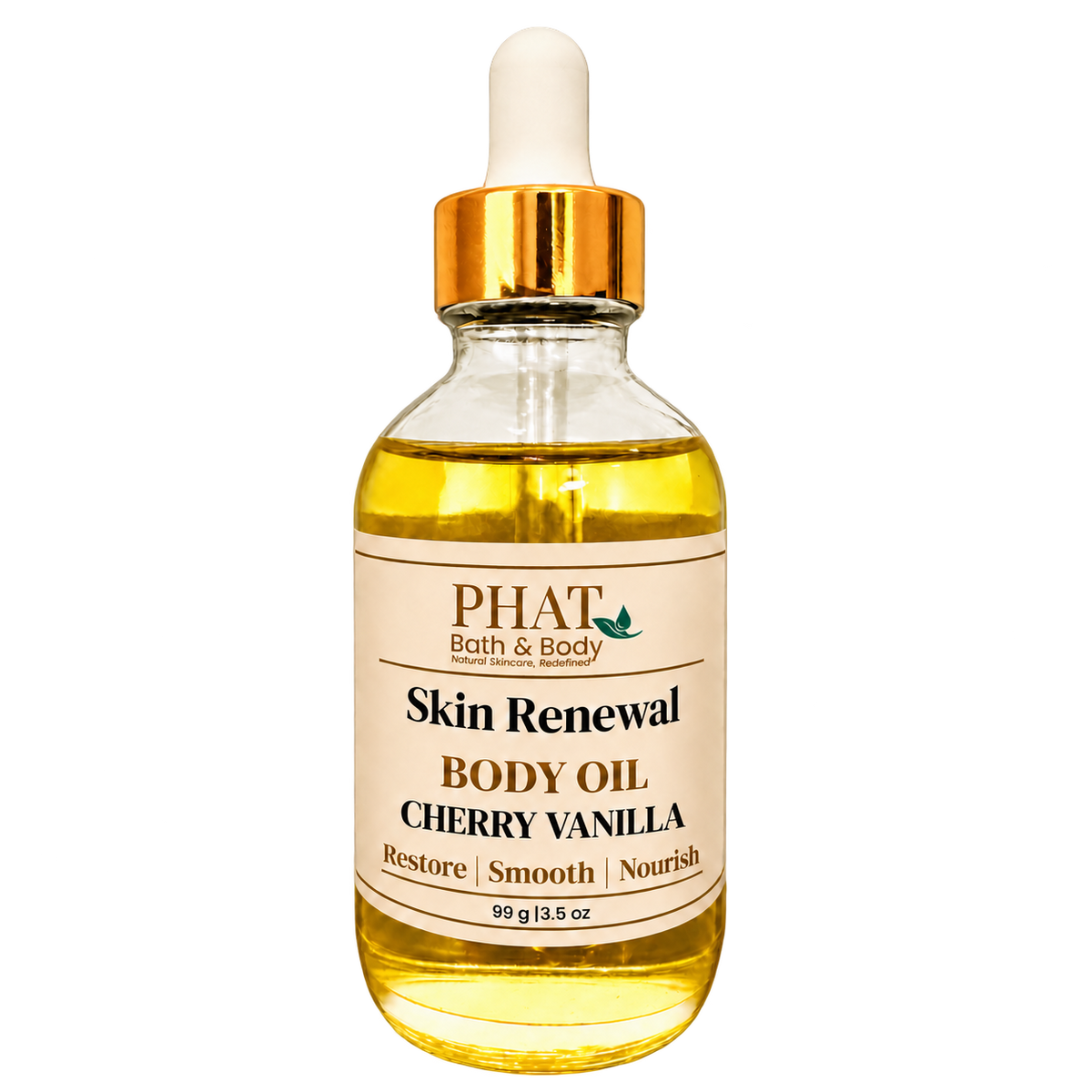 Phat Bath & Body Cherry Vanilla Skin Renewal Body Oil, 3.5 oz golden body oil in a clear glass dropper bottle with a gold cap and cream label.