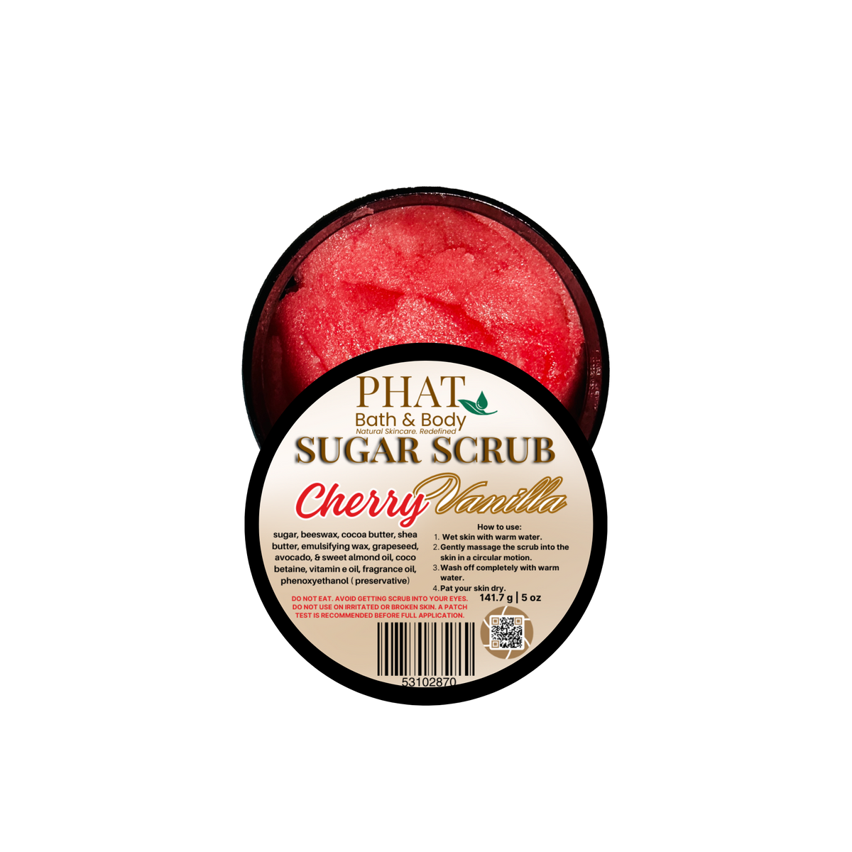 Cherry Vanilla sugar scrub container with visible brand name on a white background
