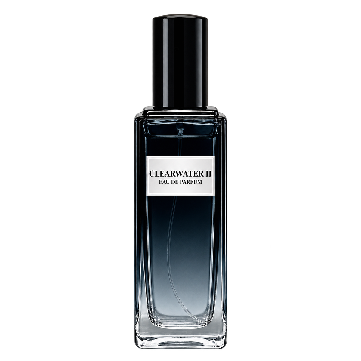 Phat Bath & Body Clearwater II Men’s Eau de Parfum in a tall clear glass perfume bottle with black cap, warm tan label, and cool blue-gray fragrance, shown as the main product image.