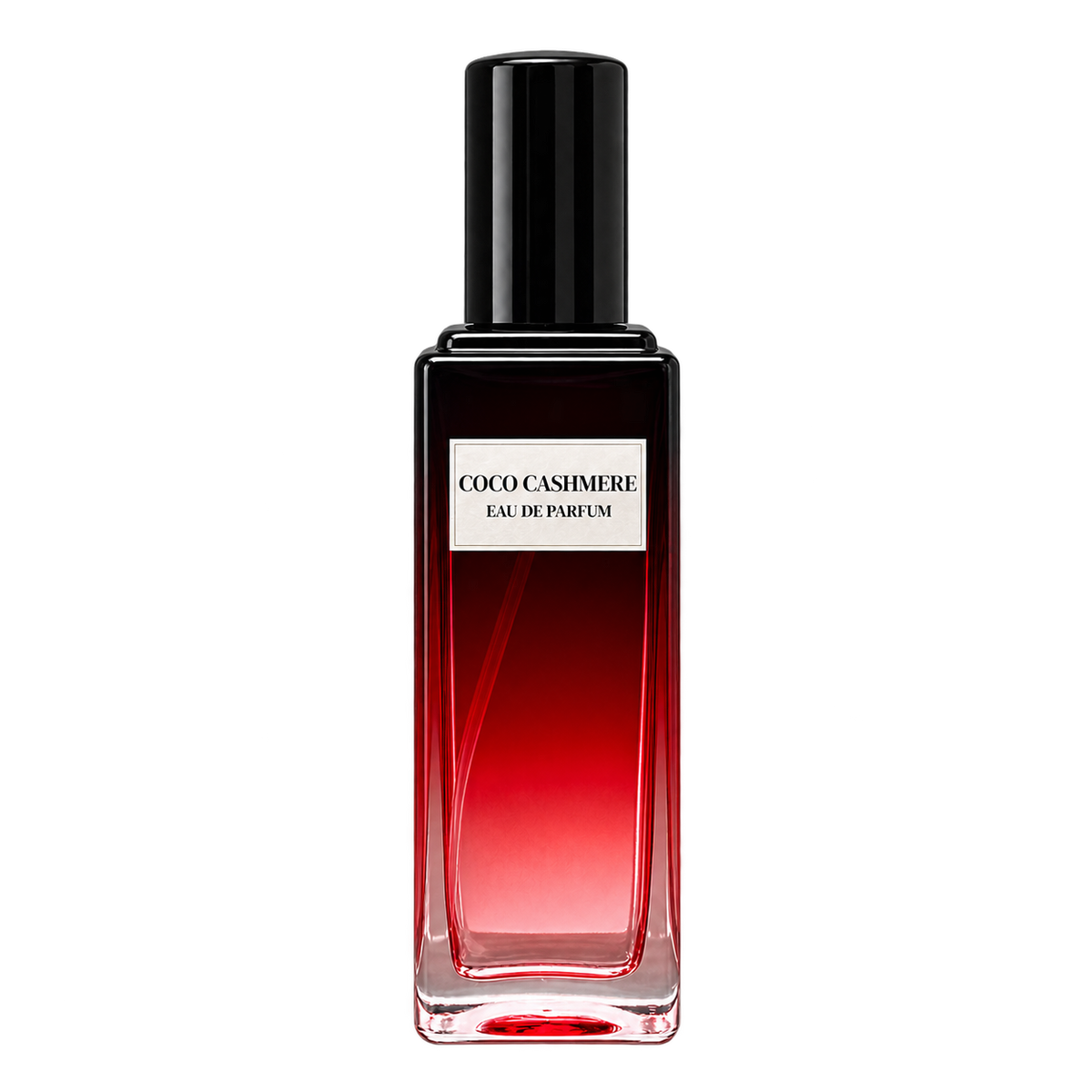 Phat Bath & Body Coco Cashmere Eau de Parfum in a tall clear glass perfume bottle with black cap, warm tan label, and deep red-toned fragrance, shown as the main product image.