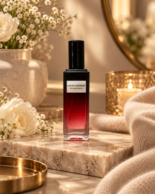 Coco Cashmere unisex Eau de Parfum bottle in a warm luxury setting with soft cashmere textures.