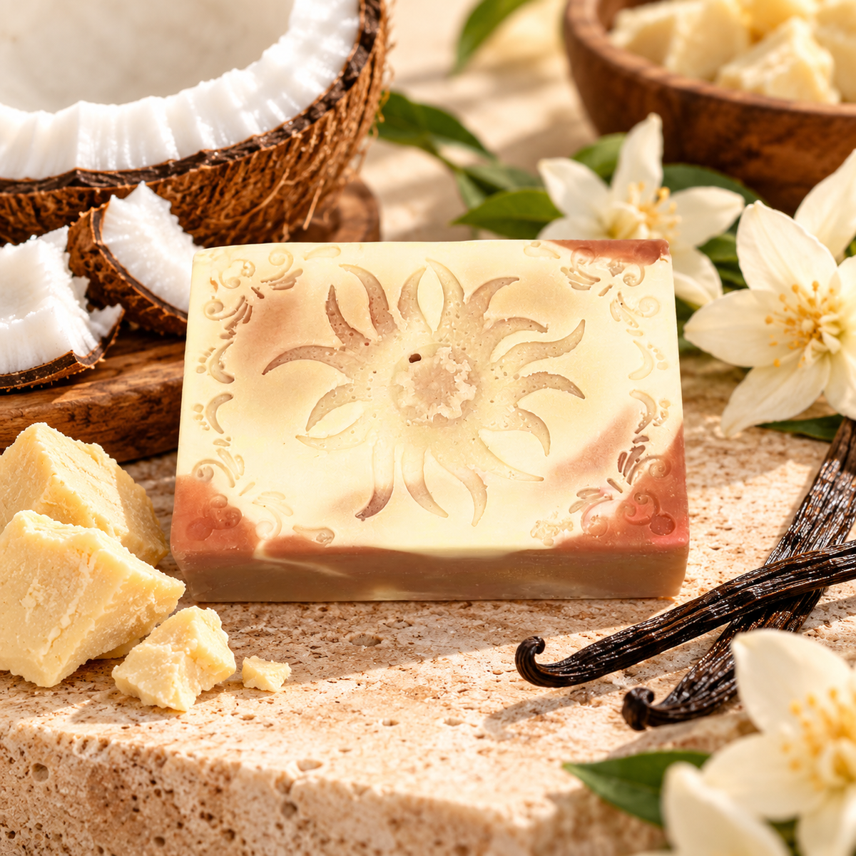 Rectangular Coco Cashmere handmade clay soap by Phat Bath & Body featuring an embossed sun design and creamy caramel marbling, styled with coconut pieces, cocoa butter, vanilla pods, and white jasmine flowers on natural stone.