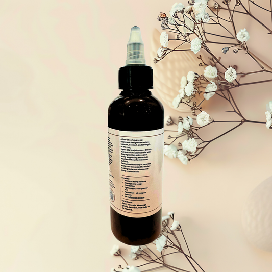 Bottle of skincare product with a label on a light pink background with white flowers.