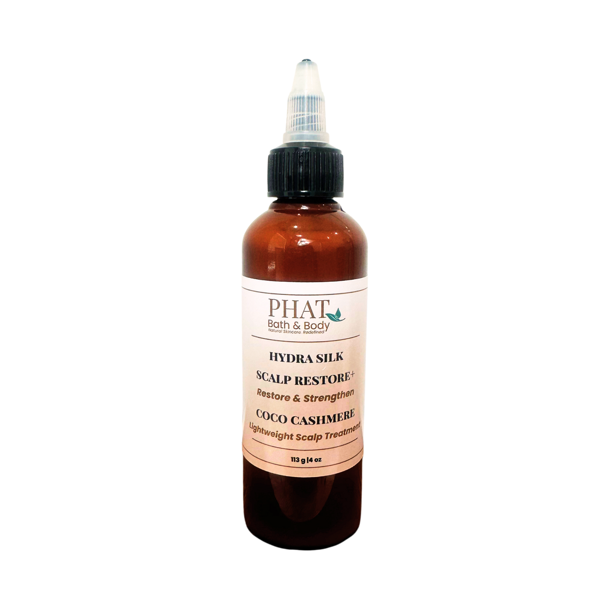 An amber bottle of PHAT Bath & Body Hydra Silk Scalp Restore conditioner with a black twist cap and a beige label, shown on a plain white background.