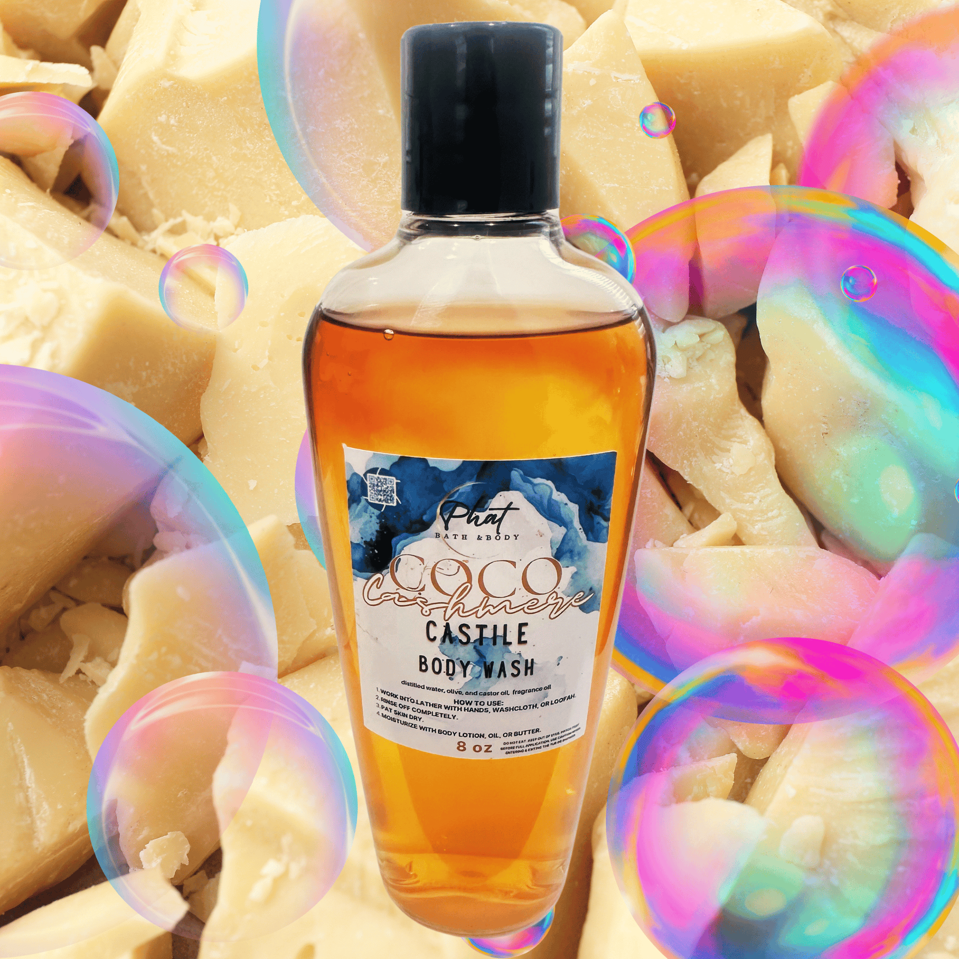 Bottle of cocoa cashmere body wash on a cocoa butter background with bubbles.