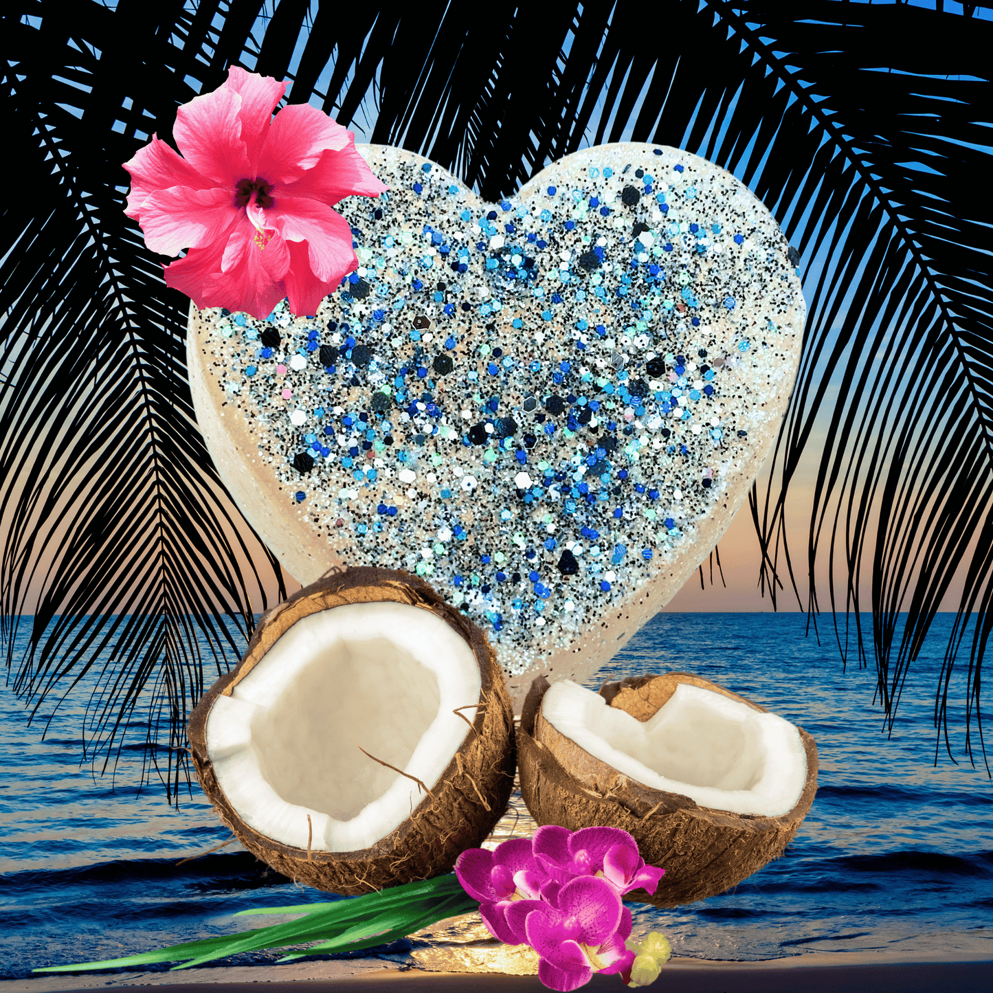Heart-shaped glittery car freshie with coconuts and flowers on a beach background