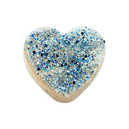 Heart-shaped car freshie with glittery blue and silver finish on a white background