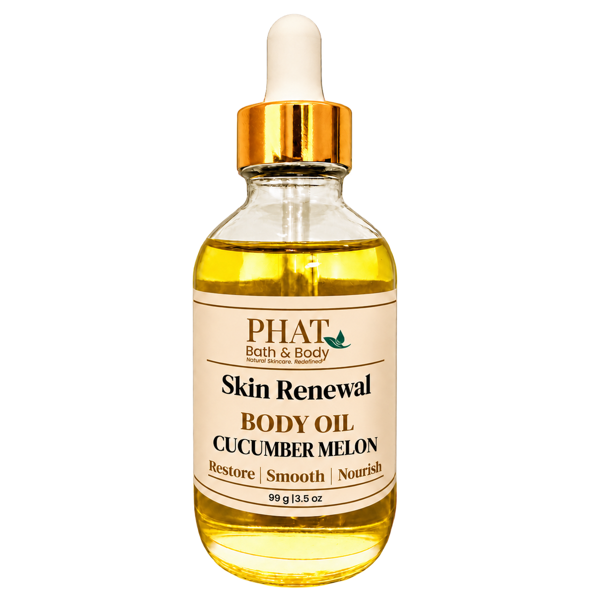 Phat Bath & Body Cucumber Melon Skin Renewal Body Oil, 3.5 oz golden body oil in a clear glass dropper bottle with a gold cap and cream label.