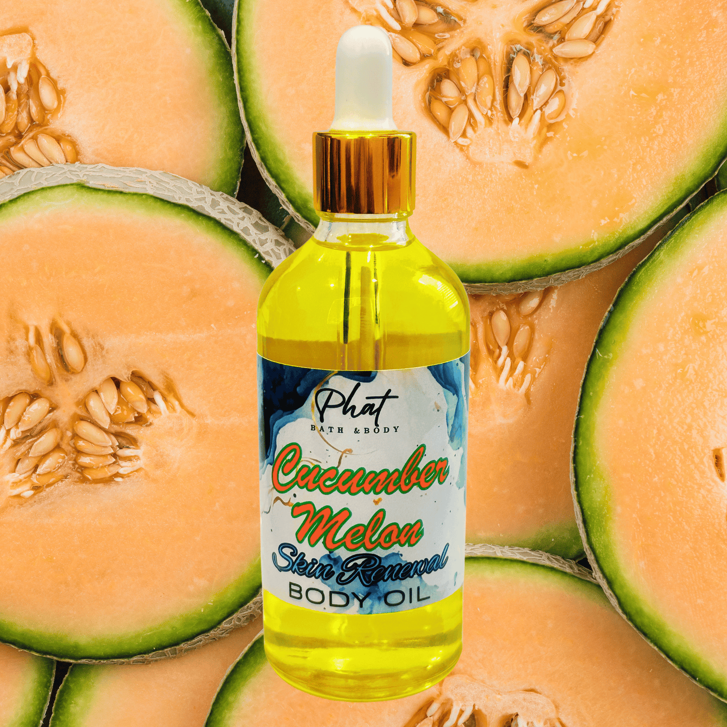 Body oil bottle labeled 'Cucumber Melon' with sliced melons in the background