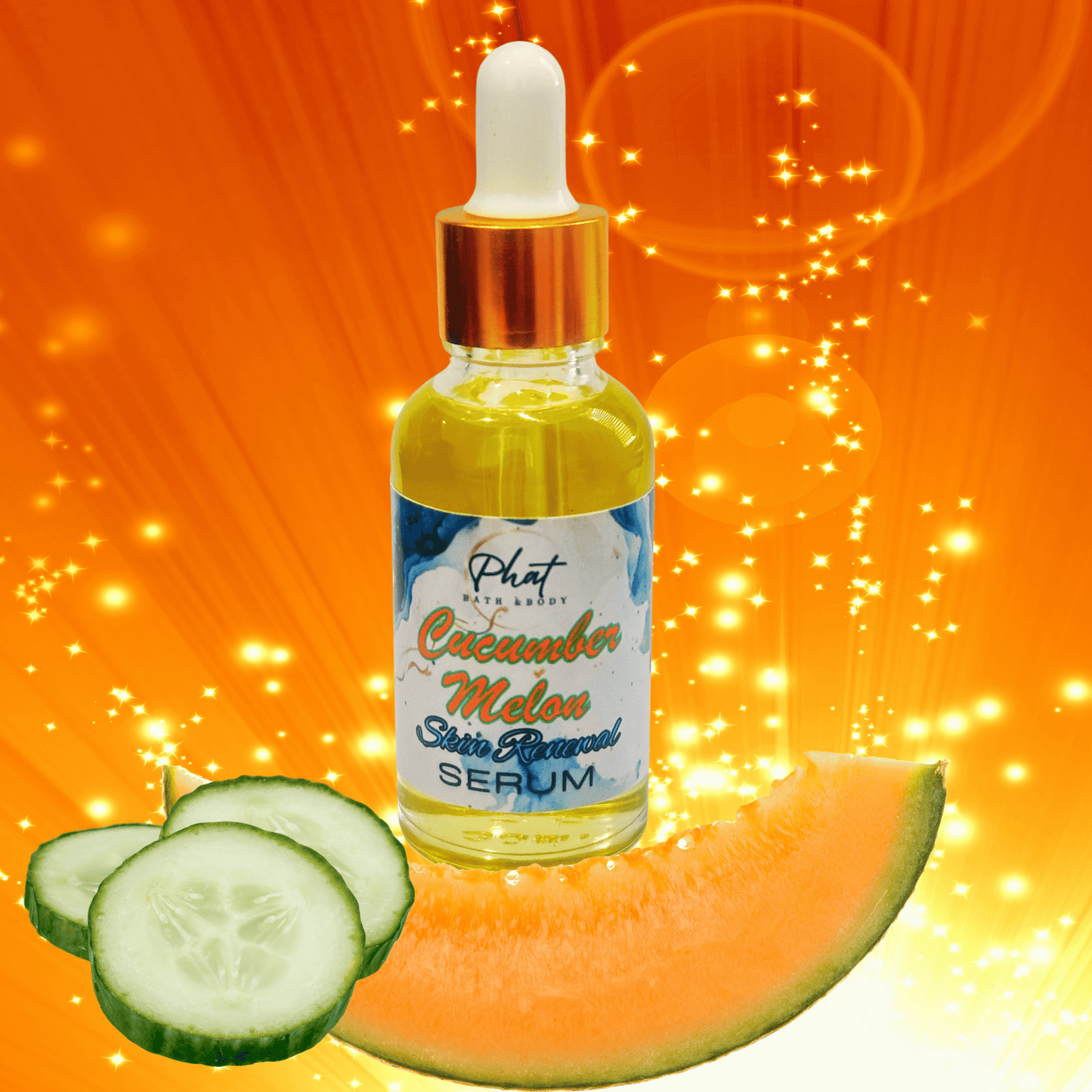 Bottle of Cucumber Melon Serum with slices of cucumber and cantaloupe on an orange background