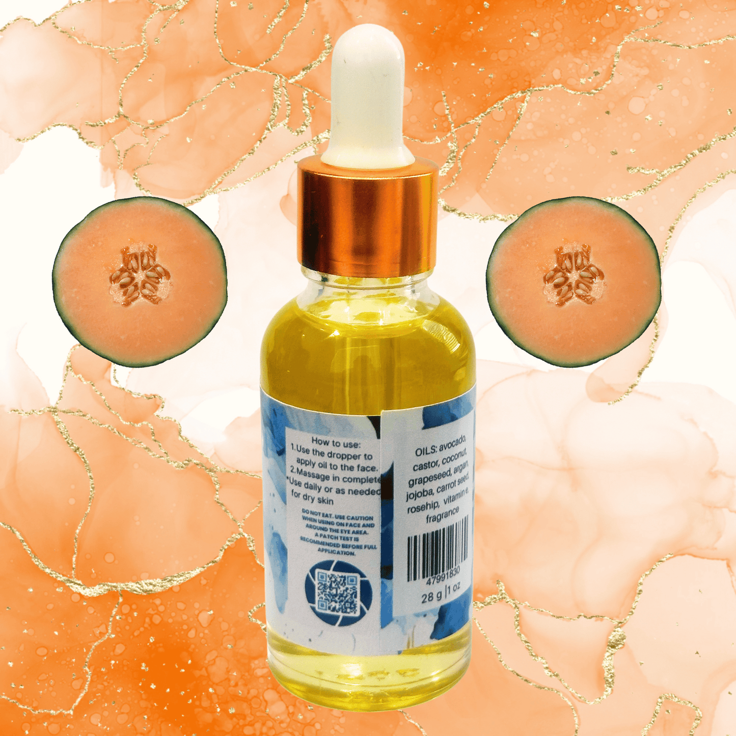 Bottle of oil with a dropper and cantaloupe slices on an abstract background
