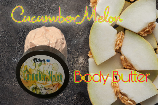 Cucumber Melon body butter with slices of cucumber on a dark background