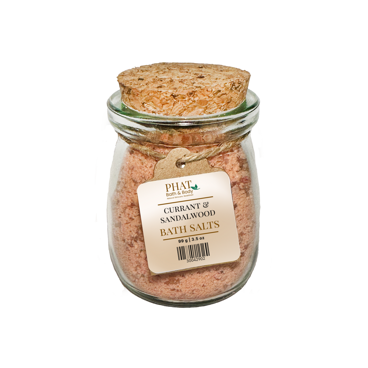 Jar of Currant & Sandalwood Bath Salts with cork lid on a white background