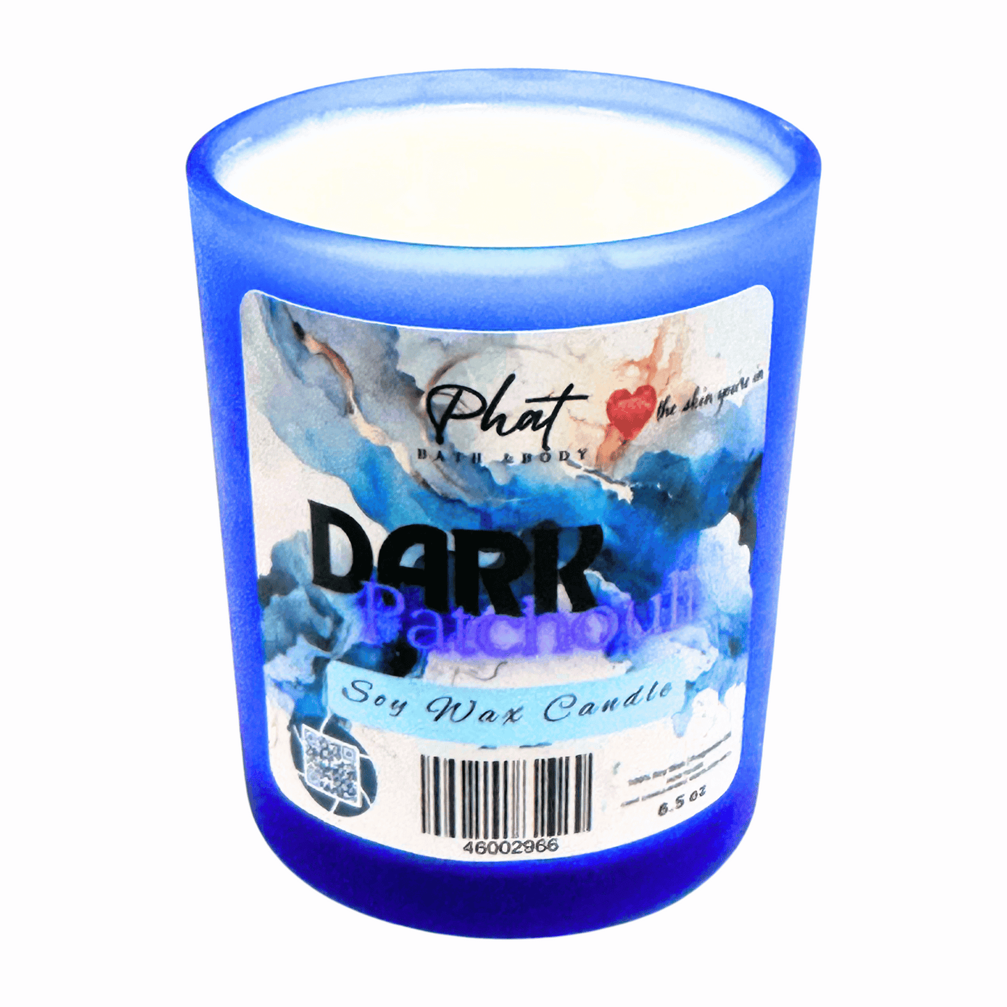 Blue candle with a label on a white background