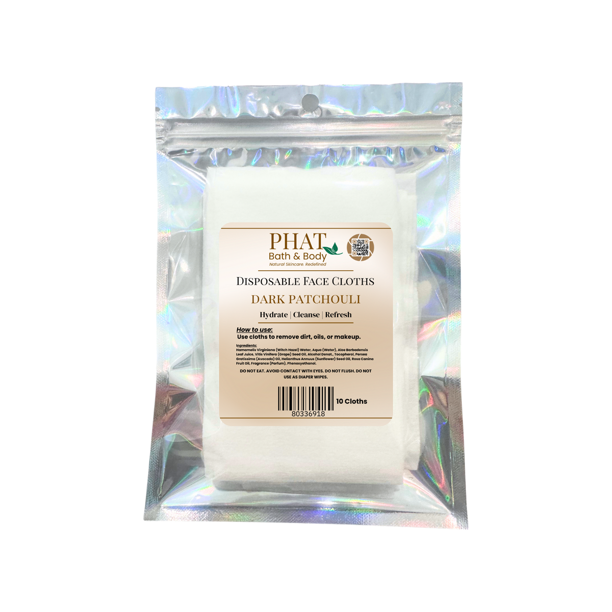 Pack of disposable face cloths with 'Phat Bath & Body' branding on a white background