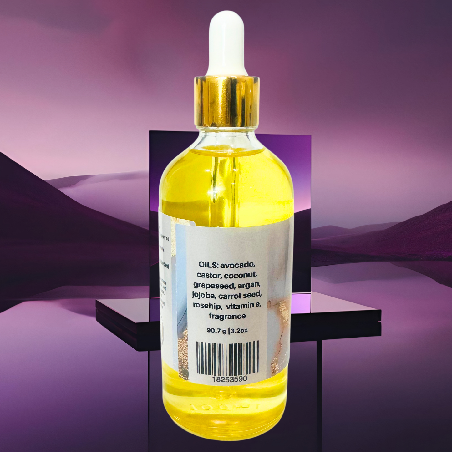 Bottle of yellow body oil with dropper on a purple geometric background