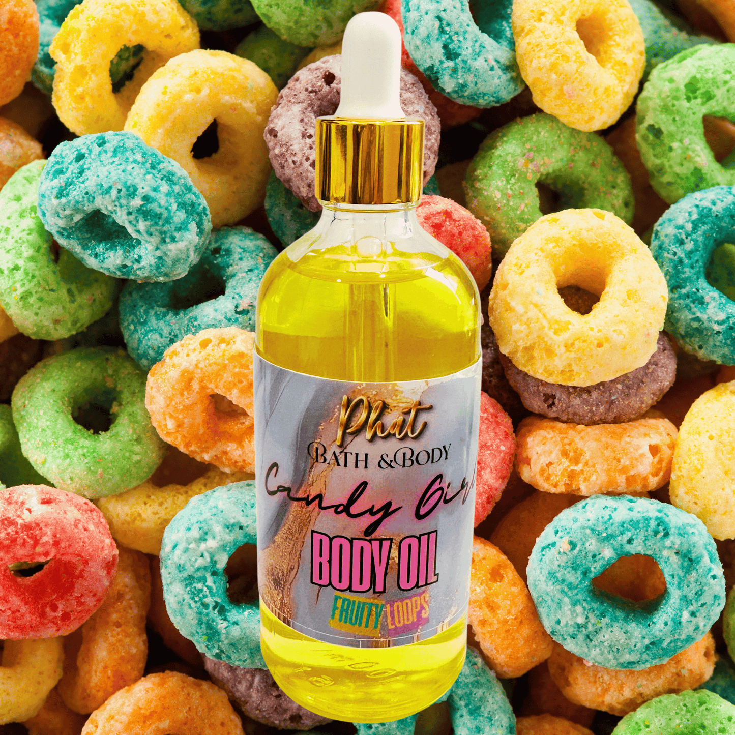 Bottle of Phat Bath & Body Candy Girl Body Oil surrounded by colorful fruit loops cereal.