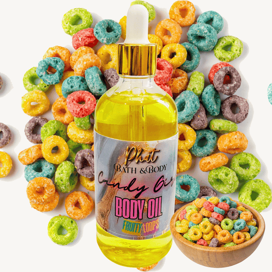 Bottle of candy oil with colorful cereal loops on a white background