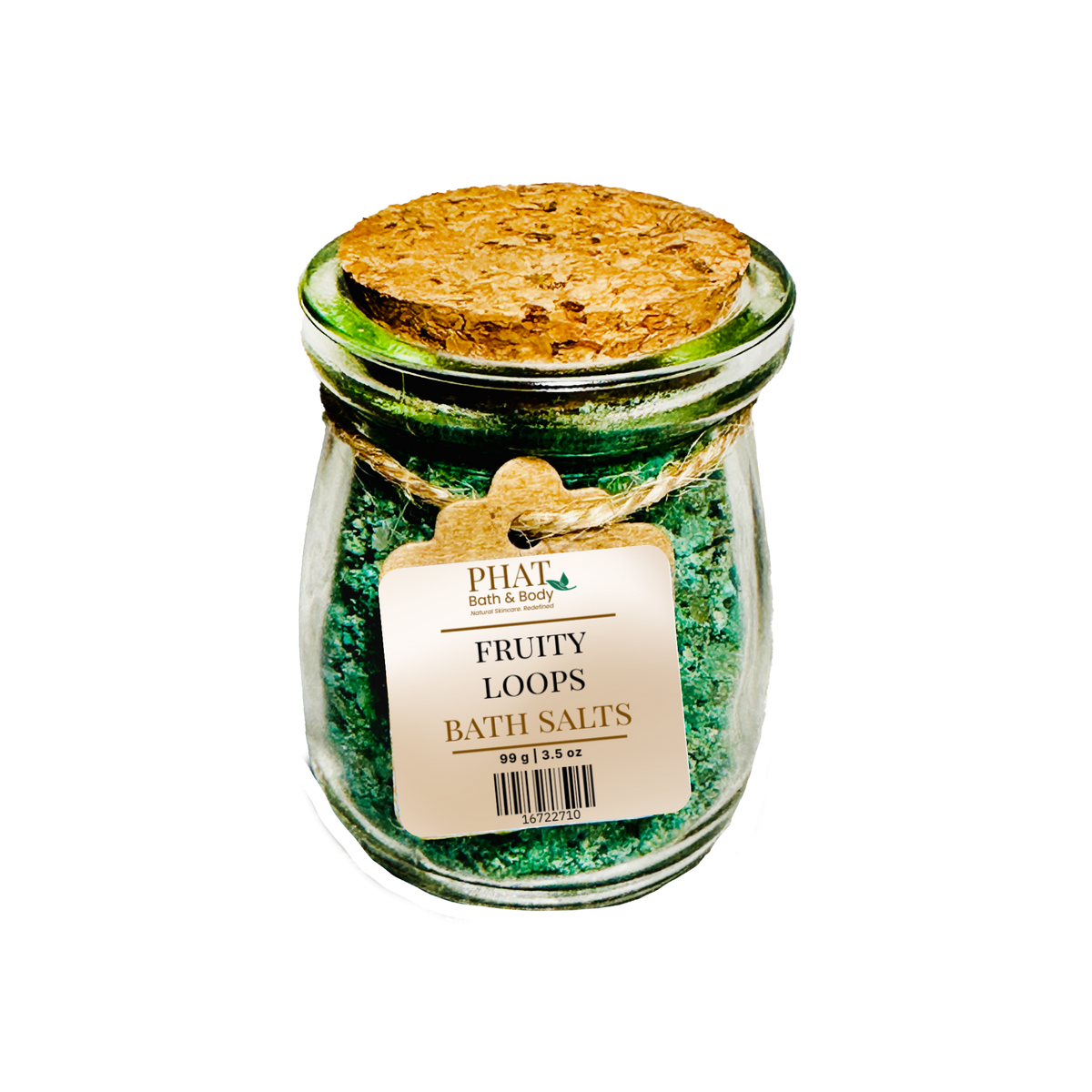 Jar of 'Fruity Loops' bath salts with a cork lid on a white background