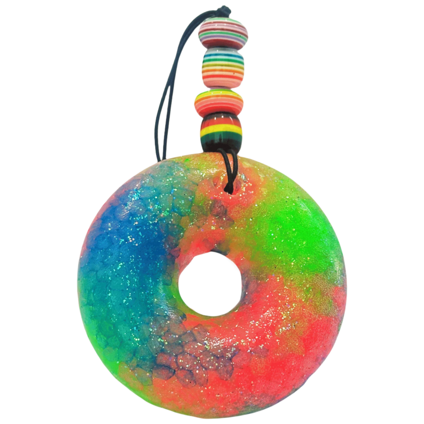 Colorful fruit loop-shaped car freshie with a multicolored beaded string on a white background