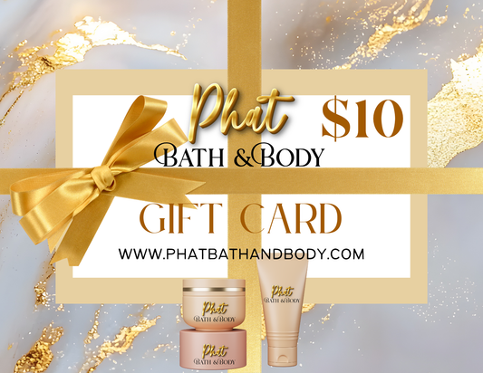 Gift card for Phat Bath & Body with gold ribbon and products on a decorative background