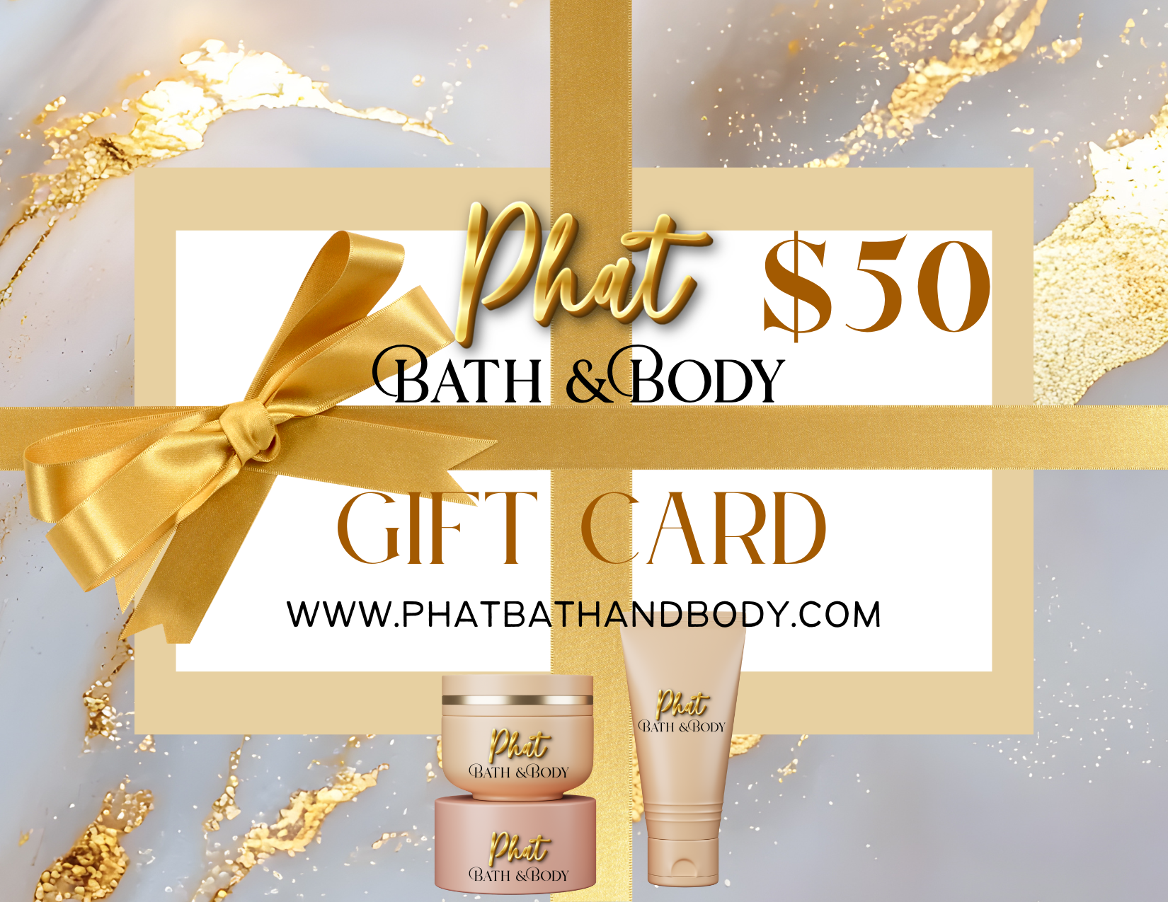 Phat Bath & Body gift card with gold ribbon and products on a decorative background