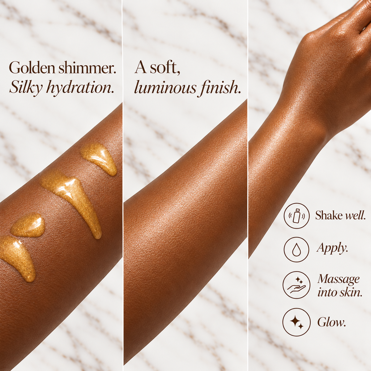 Phat Bath & Body Glowing Goddess Shimmer Body Oil shown on real skin before and after application with a soft luminous golden shimmer finish and directions to shake well, apply, massage into skin and glow.