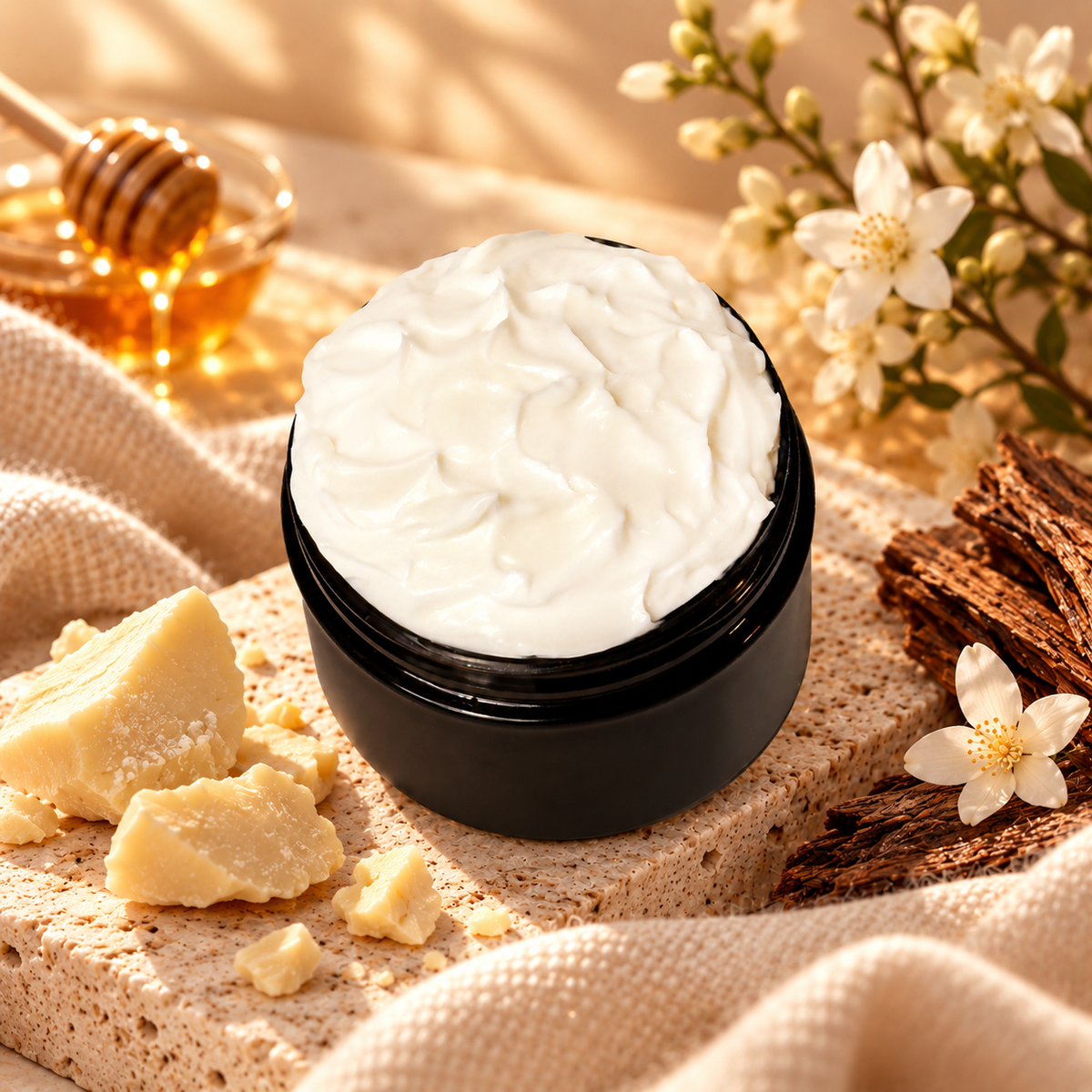 Open jar of Phat Bath & Body Honey Royale Body Lotion with creamy white lotion in a warm honey, cocoa butter, and rosewood setting.