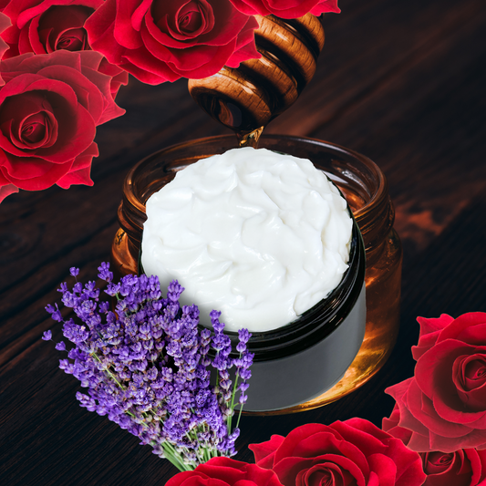 Jar of white lotion with red roses and lavender on a dark background