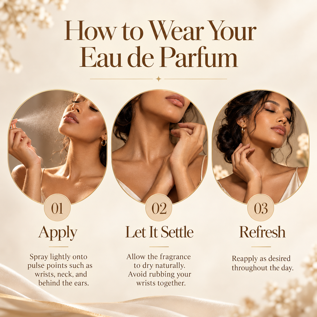 Three-step women's Eau de Parfum application guide showing how to spray perfume onto pulse points, allow fragrance to dry naturally without rubbing, and refresh throughout the day.