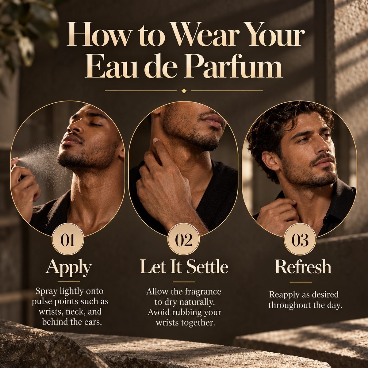 Three-step men's Eau de Parfum application guide illustrating fragrance mist applied near pulse points, allowing perfume to settle without rubbing, and reapplying as desired.