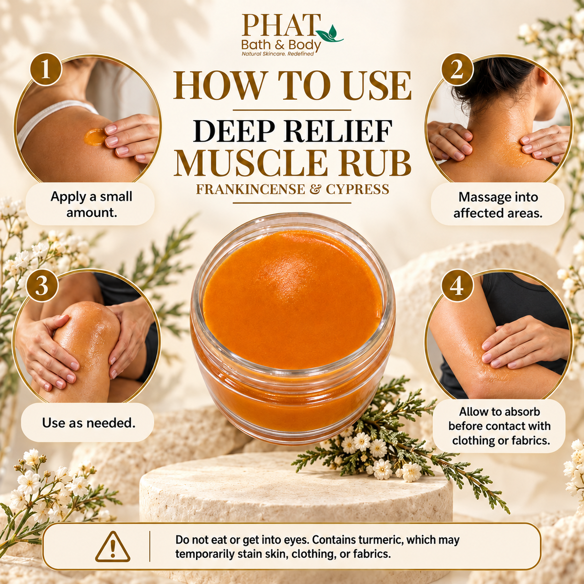 Step-by-step Deep Relief Muscle Rub application guide showing how to massage a small amount of balm onto shoulders, neck, knees, and arms as needed. Includes instructions to allow absorption before dressing and a turmeric staining precaution.