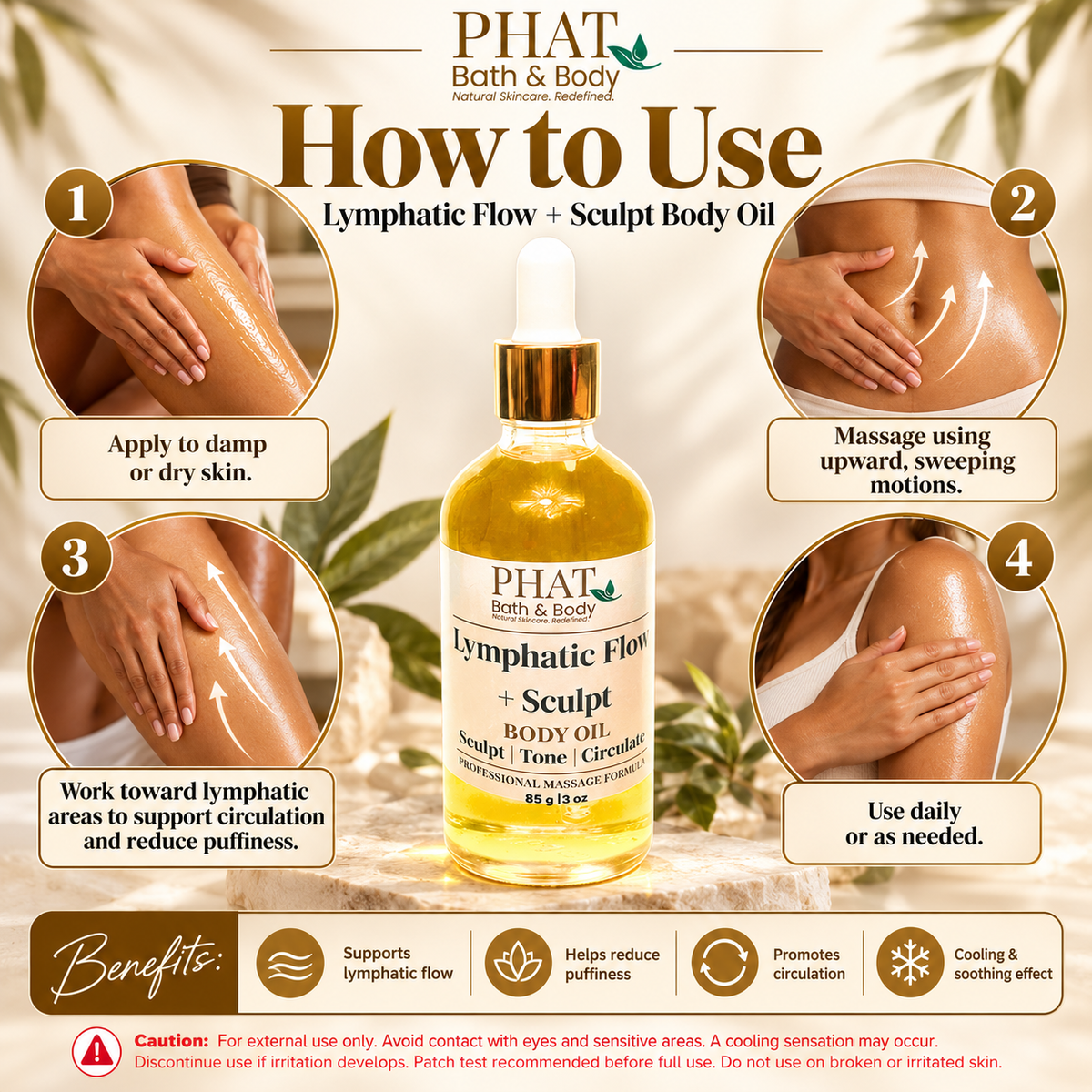 Step-by-step guide showing how to apply Lymphatic Flow + Sculpt Body Oil to damp or dry skin using upward, sweeping massage motions toward lymphatic areas, with daily-use directions and product benefits.
