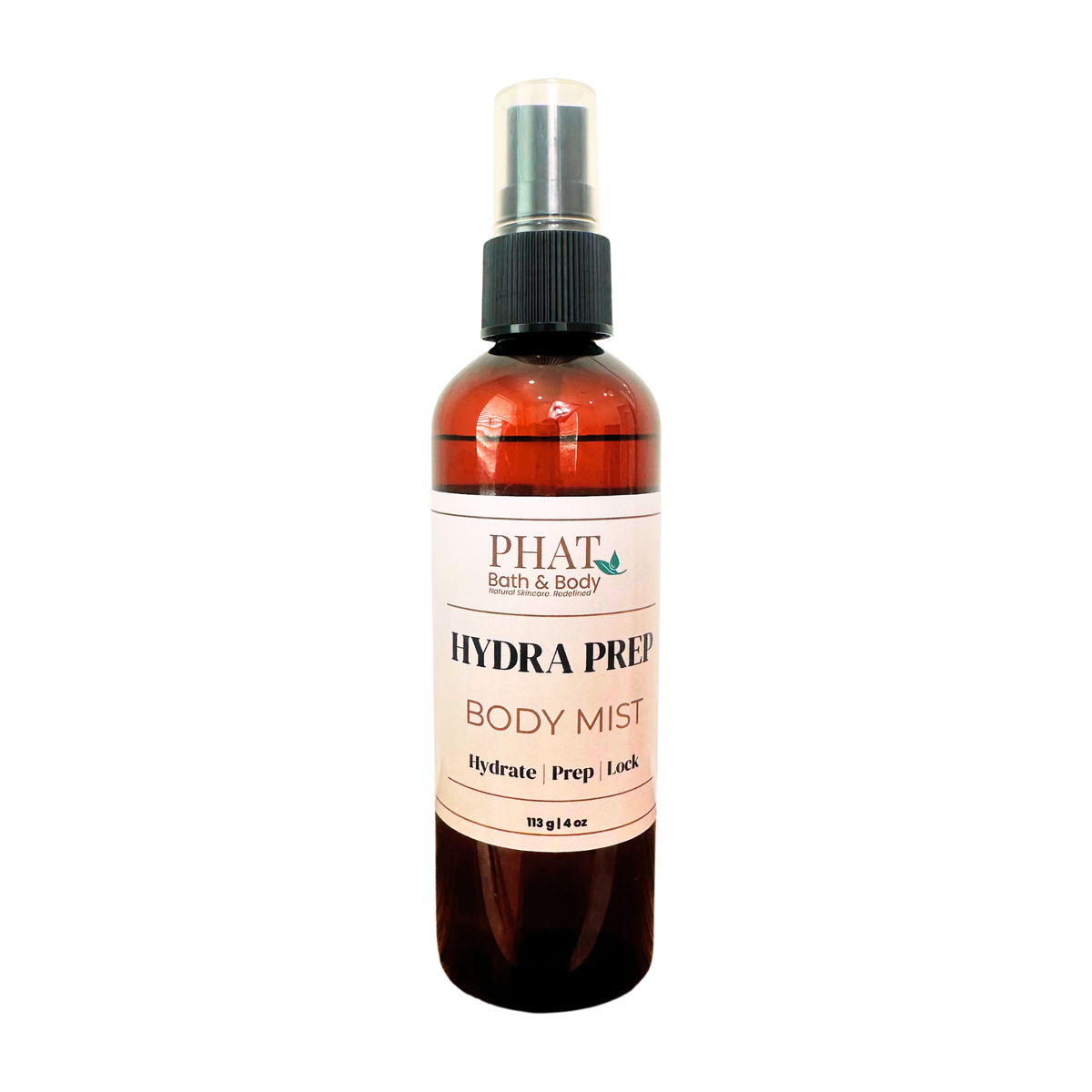 An amber spray bottle of PHAT Bath & Body Hydra Prep Body Mist with a black spray cap and a white label, shown on a plain white background.